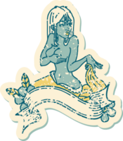 distressed sticker tattoo in traditional style of a pinup mermaid with banner png