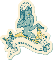 tatuaje de pegatina angustiado al estilo tradicional de una sirena pinup con pancarta png