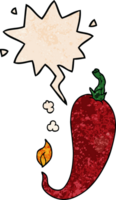 cartoon chili pepper with speech bubble in retro texture style png