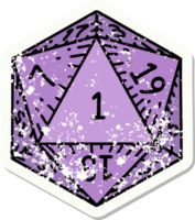 grunge sticker of a natural 1 D20 dice roll png