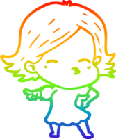 rainbow gradient line drawing of a cartoon woman pointing png