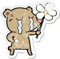 distressed sticker of a cartoon crying bear with flower png