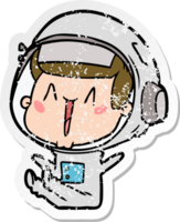 distressed sticker of a happy cartoon astronaut sitting png