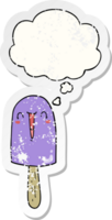 cartoon happy ice lolly with thought bubble as a distressed worn sticker png