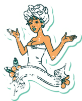 verontrust sticker tatoeëren in traditioneel stijl van een vastpinnen meisje in handdoek met banier png