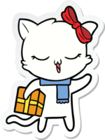 sticker of a cartoon girl cat with christmas present png