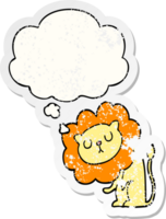 cute cartoon lion with thought bubble as a distressed worn sticker png