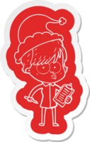 quirky cartoon  sticker of a woman wearing santa hat png