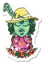 grunge sticker of a half orc bard with natural twenty dice roll png