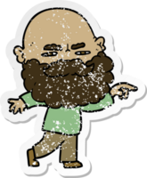 distressed sticker of a cartoon man with beard frowning and pointing png