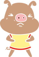 flat color style cartoon angry pig wearing tee shirt png