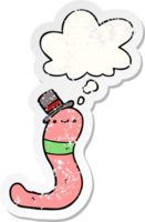 schattig tekenfilm worm met gedachte bubbel net zo een verontrust versleten sticker png