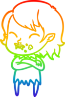 rainbow gradient line drawing of a cartoon vampire girl with blood on cheek png