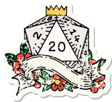 grunge sticker of a natural twenty D20 dice roll png