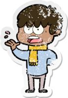 distressed sticker of a worried cartoon boy png