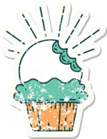 worn old sticker of a tattoo style cupcake with missing bite png