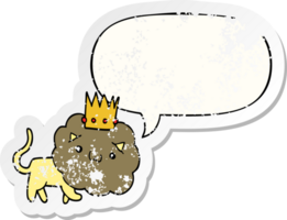 cartoon lion with crown with speech bubble distressed distressed old sticker png