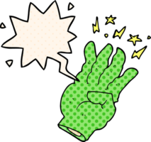 cartoon spooky magic hand with speech bubble in comic book style png