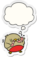 cartoon robin with worm with thought bubble as a printed sticker png