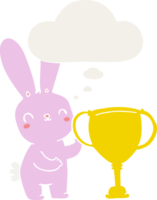 cute cartoon rabbit with sports trophy cup with thought bubble in retro style png