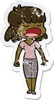 distressed sticker of a cartoon woman talking loudly png