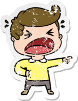 distressed sticker of a cartoon shouting man pointing finger png
