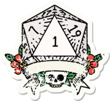 grunge sticker of a natural one d20 dice roll png