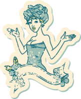 distressed sticker tattoo in traditional style of a pinup girl in towel with banner png