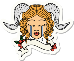 sticker of a crying tiefling character face with scroll banner png
