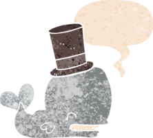 dibujos animados ballena vistiendo parte superior sombrero con habla burbuja en grunge afligido retro texturizado estilo png