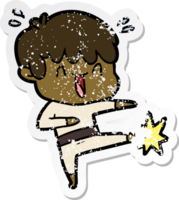 distressed sticker of a cartoon laughing boy png