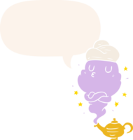 cute cartoon genie rising out of lamp with speech bubble in retro style png