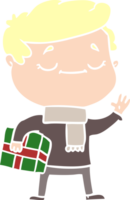 egale kleur stijl cartoon man met kerstcadeau zwaaien png