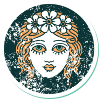 ikonisches beunruhigtes Aufkleber-Tattoo-Stilbild des weiblichen Gesichts mit Blumenkrone png