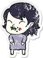 distressed sticker of a cartoon vampire girl with blood on cheek png