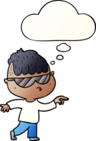 cartoon boy wearing sunglasses pointing with thought bubble in smooth gradient style png