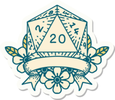 sticker of a natural 20 critical hit D20 dice roll png