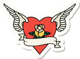 autocollant de tatouage dans le style traditionnel du coeur avec des ailes une rose et une bannière png