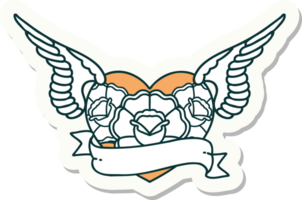 sticker of tattoo in traditional style of a flying heart with flowers and banner png