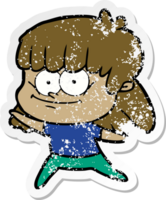 distressed sticker of a cartoon smiling woman png