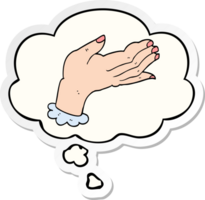 cartoon hand with thought bubble as a printed sticker png