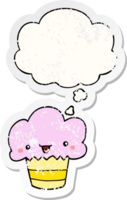 cartoon cupcake with face with thought bubble as a distressed worn sticker png