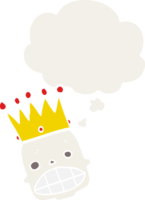 dessin animé effrayant crâne visage avec couronne avec pensée bulle dans rétro style png