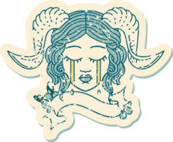 Retro Tattoo Style crying tiefling character face with scroll banner png