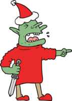 hand drawn line drawing of a goblin with knife wearing santa hat png
