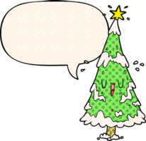 cartoon snowy christmas tree with happy face with speech bubble in comic book style png