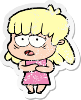 distressed sticker of a cartoon tired woman png