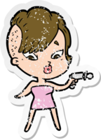 distressed sticker of a cartoon surprised girl with ray gun png