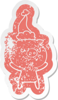 happy quirky cartoon distressed sticker of a pig wearing santa hat png