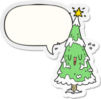 tekenfilm besneeuwd Kerstmis boom met gelukkig gezicht met toespraak bubbel sticker png